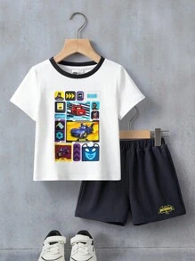 Batwheels X SHEIN 夏季男童休闲汽车印花圆领短袖T恤和短裤