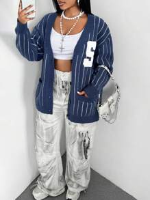 Maweii 大码休闲条纹刺绣开衫 - 藍色 - 查看 6