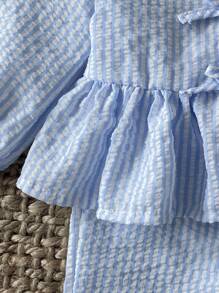 SHEIN 女婴幼儿新生儿0-3岁蓝白条纹蝴蝶结长袖衬衫+裤子套装，适合日常穿着，秋冬 - 藍色 - 查看 5