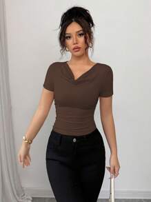 Selianne Elegant Draped Neck Asymmetric Ruffle Short Sleeve T-Shirt, Summer - Coffee Brown - View 3