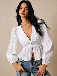 Poéselle 女士刺绣深V灯笼袖时尚衬衫