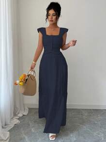 Elenzga Damen romantisches, elegantes Set aus einfarbiger Bluse und Rock, Sommer