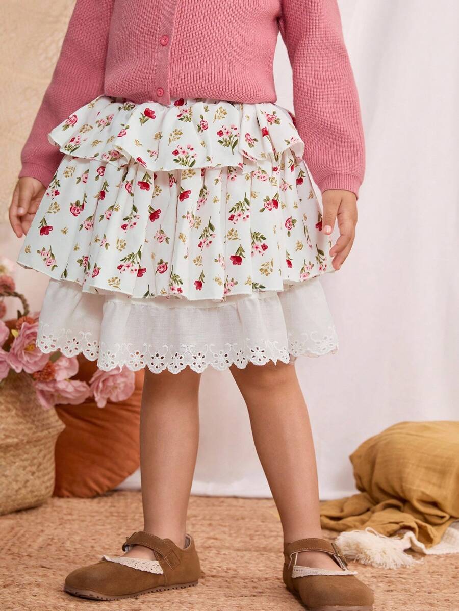 Blossori Falda midi holgada de cintura elástica con estampado floral pequeño en rosa suave, para niñas, primavera/verano - Multicolor - Ver 1