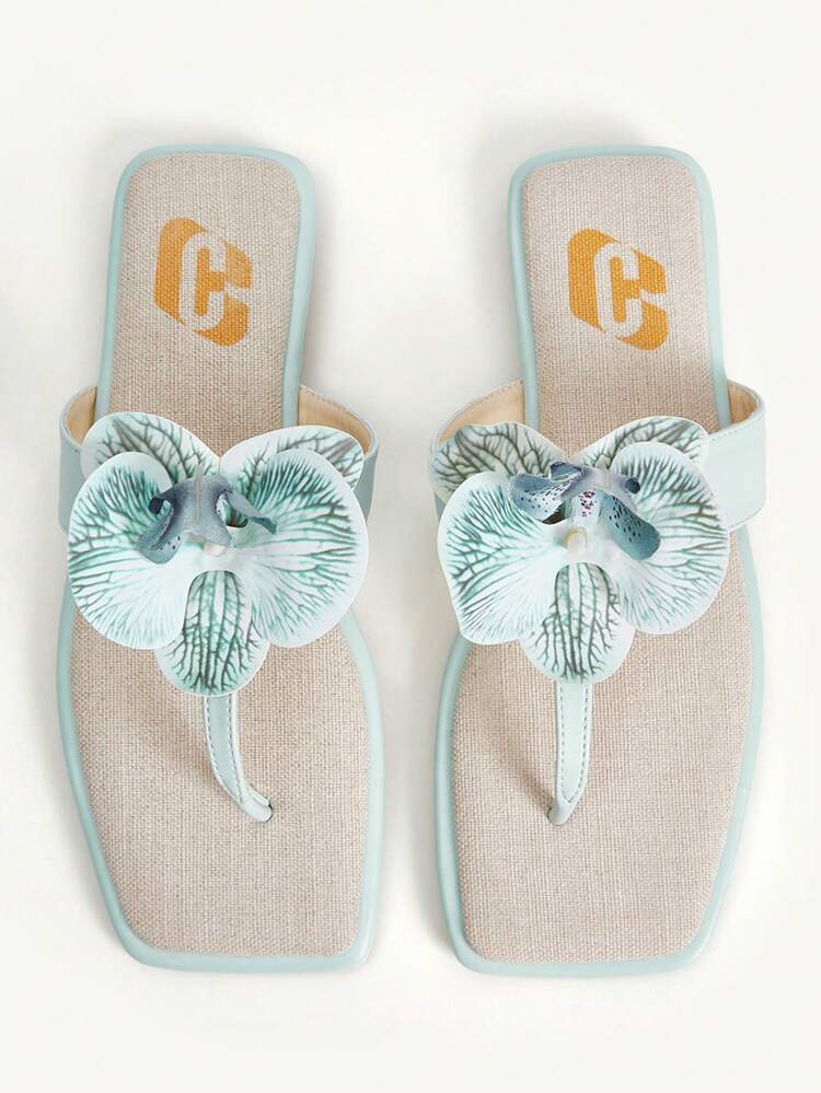 CUCCOO CHICEST Women's Mint Green Linen Flat Sandals With 3D Iris Flower Decor, Elegant Sweet Casual Fashion Comfortable Slip-On Shoes For Spring/Summer, Suitable For Afternoon Tea, Dates, Beach Vacation