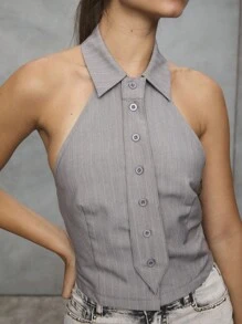 TypaGal Button-Up Tie Top,Gray Summer Chic Halter Top With Collar,Punk Tailoring 2000s Streetwear,Structured Rebellion Night Out Club Style For Women - Light Grey - View 3