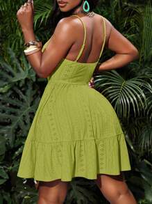 Slaydiva Plus Size Hollow-Out Jacquard Fabric Sleeveless Ruffle Hem Waist Cinched Mini Dress, Yellow Solid Color, Casual Beach Vacation, Spring/Summer Green Vacation Dress Women Summer Sundress Green Summer Dress