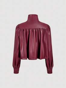 SHEIN MOD 女士时尚休闲 PU 皮革前扣立领夹克 - 酒紅色 - 查看 7