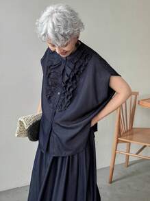 FRIFUL 女式多层荷叶边衬衫和松紧腰喇叭牛仔裙两件套 - 黑色 - 查看 3