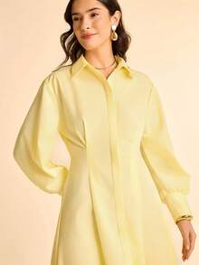 CAJUNI Elegant Solid Color Waist Cinched Long Sleeve Maxi Dress - Light Yellow - View 4