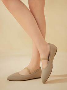 CUCCOO BASICS 女士尖头杏色平底舒适透气针织松紧带一脚蹬休闲平底鞋 - 杏色 - 查看 5