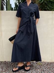 DAZY 2pcs Women Summer Casual Tie-Up Shirt & Skirt Set,Teacher Outfits - Navy Blue - View 3