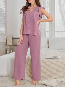 Conjunto de pijama de mujer con cardigan de cuello en V con volantes y estampado de lunares jacquard y pantalones - Rosa vieja - Ver 5