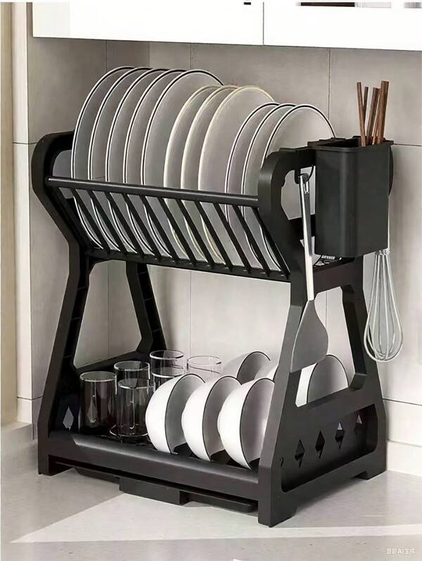 Suport pentru vase fără suport pentru tacâmuri și tavă de scurgere/Suport pentru vase cu suport pentru tacâmuri și tavă de scurgere, Suport pentru vase care economisește spațiu, Suport pentru vase pentru blat de bucătărie, Suport de scurgere pentru bucătărie, Suport pentru depozitarea tacâmurilor, Suport pentru depozitarea vaselor cu strat dublu, Suport pentru depozitarea bucătăriei, Articole de bucătărie