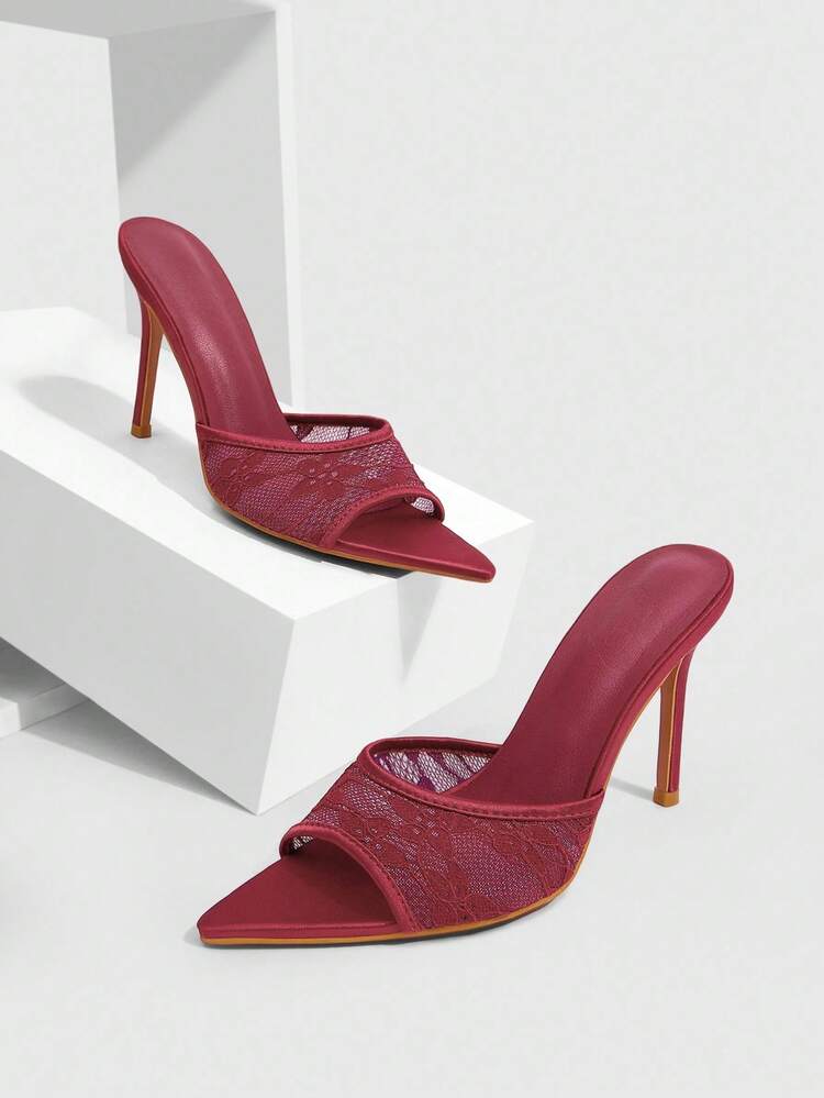 CUCCOO SZL Wine Red Satin & Mesh Patchwork Fashion Sexy Pointed Toe Stiletto High Heel Mules