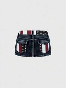 ROMWE Grunge Punk Independence Day USA Flag Print Sexy Mini Denim Skirt For Women - Blue - View 1