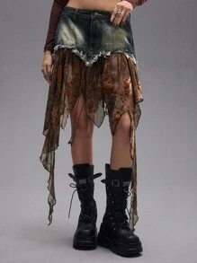 ROMWE Grunge Punk Váy denim mini dây rút họa tiết hoa Y2K Retro Punk Grunge viền bất đối xứng viền bèo nhún vát cho nữ - Nhiều màu - Xem 4