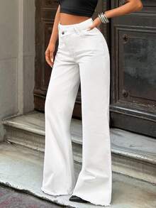 EURMUSE 高腰不对称腰带白色阔腿牛仔裤 - 白色 - 查看 7