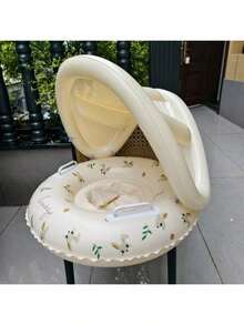 1pc Swimming Ring With Sunshade And Handles, Featuring A Circular Pattern, Suitable For Both Outdoor And Indoor Swimming.