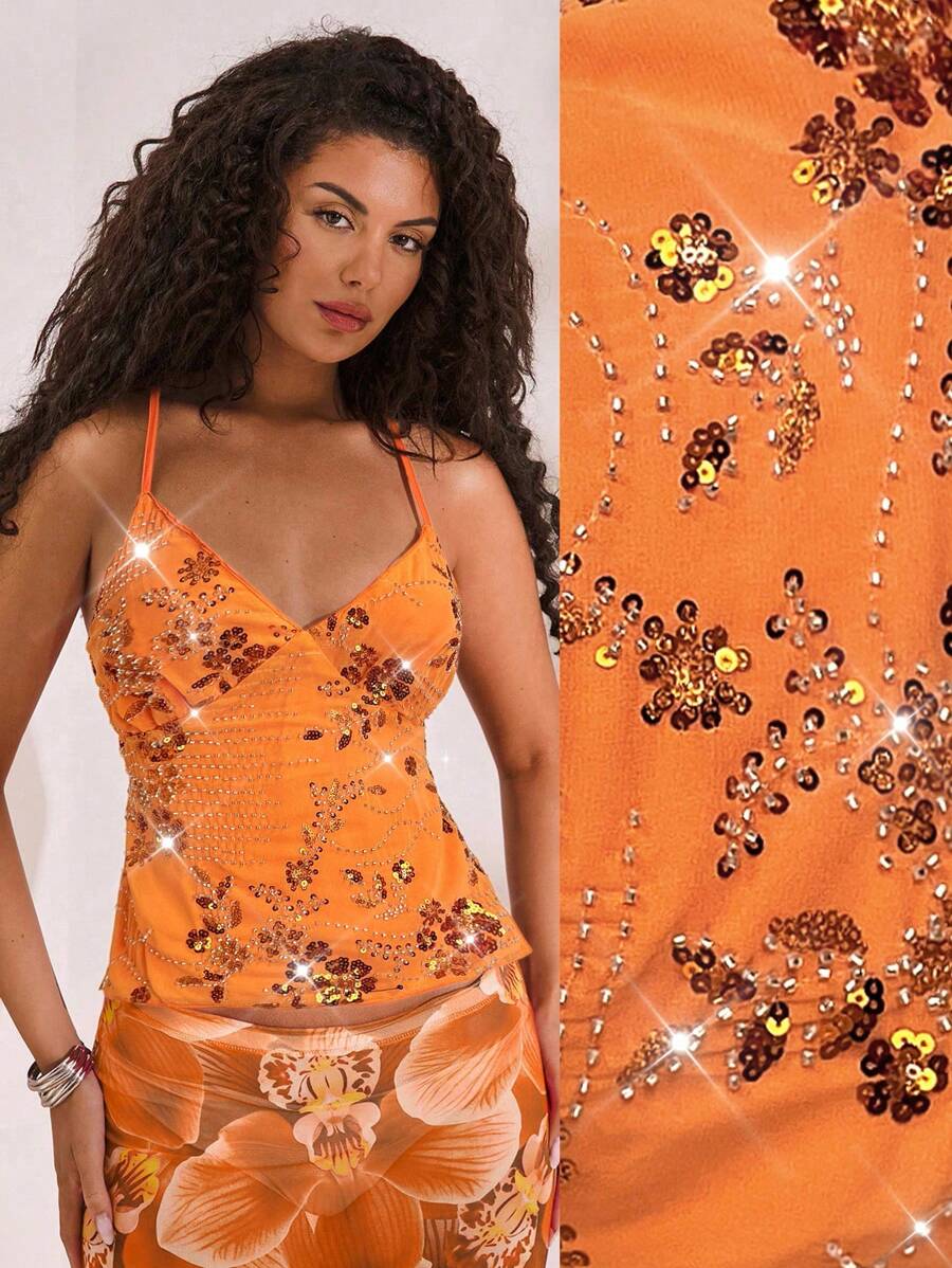 Opulessa Áo cánh hở lưng thêu hạt màu trơn cho nữ - trái cam - Xem 1