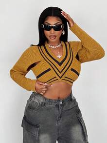 Maweii Maglione corto a scollo a V con motivo a righe a contrasto, stile casual da strada e college, per donne taglie forti, autunnale - Giallo - Visualizzare 5