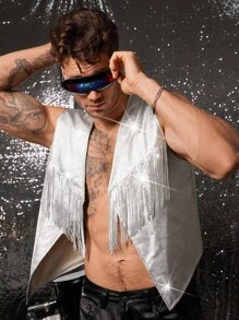 FeverCity Men's Woven Casual Loose Fit Sleeveless Vest Top , Fall Winter - Silver - View 1