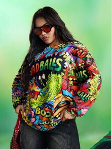 MADBALLS X SHEIN Plus Size Casual Daily Letter & Cartoon Graphic Dropped Shoulder Sweatshirt Graphic Sweatshirts Plus Size Sweatshirts Y2k Plus Size Clothes Graphic Sweatshirts Women Madballs Sweatshirt Going Out Tops Women Halloween Costumes Women Winter Fall Autumn - Multicolor - View 5