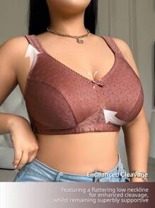 NudeFit 1件大码女士纯色优雅舒适柔软提花蝴蝶结装饰柔软海绵可调节肩带无钢圈文胸 - 棕色 - 查看 6