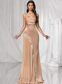 Coutiva Women's Rhinestone Embellished Criss-Cross Formal Evening Gown (Heavily Embellished),Women's Fashion Casual Autumn And Winter Sexy Party Wedding Birthday Back To Work Back To School Halloween Costumes, Gifts For Mom, Women's Autumn Suits Autumn Dress Autumn Skirt Winter Women's Clothing, Champagne Sequin Dress - Khaki - View 3