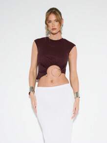 KIZN 金属环镂空背心无袖短款背心现代时尚设计宣言夏季晚会俱乐部服装现代休闲美学 - 巧克力棕 - 查看 3