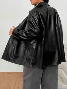 SHEIN EZwear Chaqueta versátil de moda para mujer de talla grande, apta para otoño/invierno, vuelta al colegio, concierto country, rave, cuero sintético, abrigo con botones, salida nocturna, fiesta, estilo old money - Negro - Ver 2