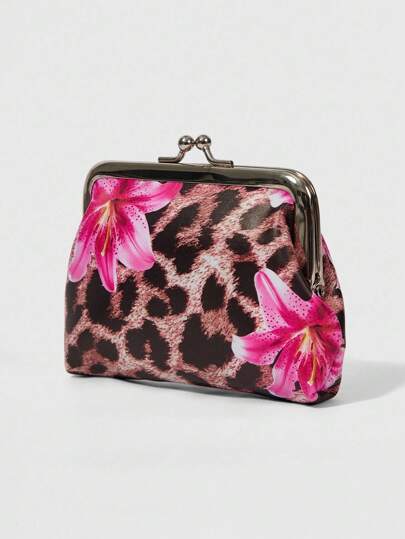 Grunge Punk Monedero de moda de uso diario con estampado de leopardo y floral