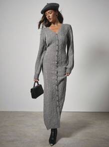 COSMINA Women's Twist Cable Pattern Long Sleeve Single-Breasted Fitted Elegant Knit Dress In Fall/Winter - Apricot - View 1