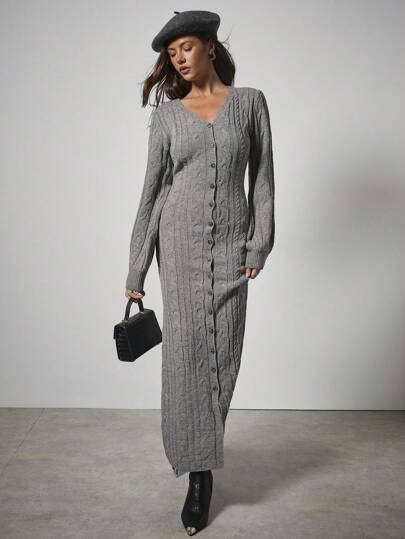 COSMINA Women's Twist Cable Pattern Long Sleeve Single-Breasted Fitted Elegant Knit Dress In Fall/Winter