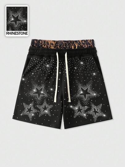 Street Life Pantalones cortos con cintura de estampado de leopardo y parches con diamantes brillantes para hombre