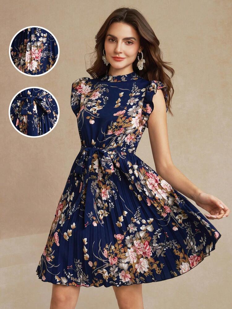 Floral Print Ruffle Trim Pleated Hem Belted DressFall/Winter Women Clothes Back To School Modest Vintage Old Money Teacher Outfits For Women Airport Beautiful Clothing For Women Summer Holiday Outfits Spring Break Outfits