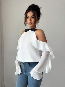 Elenzga Blusa de mujer con volantes y lazo en los hombros, de manga larga - Blanco - Ver 4