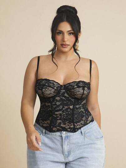 SHEIN BAE Top de encaje transparente y sexy, ideal para fiestas, citas, uso casual, ir al trabajo, lindo sujetador, top sexy de club, corsé para salir, top de encaje de verano