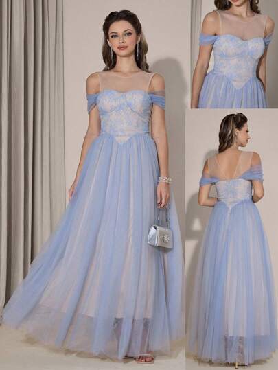 Poshira 优雅高端撞色蕾丝露肩晚礼服，奢华迷人主持人礼服