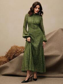 Anewsta 女式长袖蕾丝酒红色连衣裙 - 綠色 - 查看 3