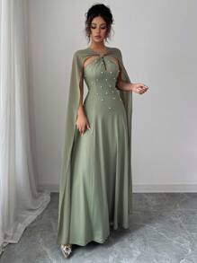 SHEIN Raffinéa 女士优雅水滴结领长款雪纺荷叶边腰部 A 字连衣裙 - 綠色 - 查看 6