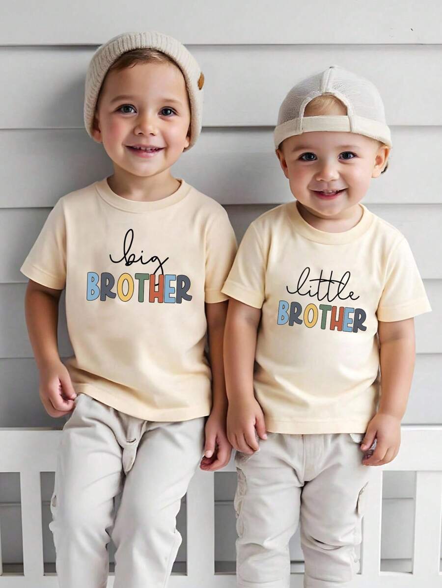 SHEIN Áo thun ngắn tay cơ bản in chữ, phong cách thường ngày dành cho bé trai - Màu be - Xem 1