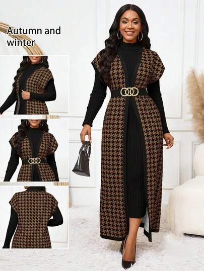 SHEIN Lady CURVE Brun hundtandsmönstrad kofta med kontrastrand, damlinne, vår, sommar, höst, matchande, plus size-jacka, ett plagg