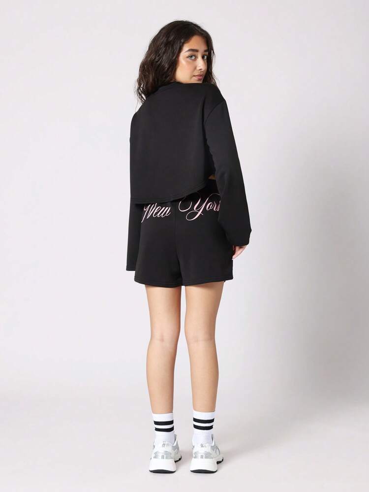 New York Script Print Sweatshirt With Matching Shorts