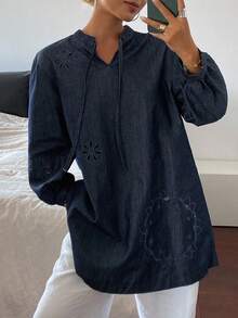 DAZY Vestido corto de mezclilla con cuello redondo y cordón, estilo casual y calado para adolescentes - Azul lavado oscuro - Ver 3