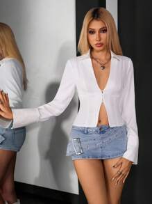 Jeanoix Camisa de mujer de corte ajustado con cuello en V profundo, manga larga y abertura, de unicolor, estilo minimalista y casual para primavera/otoño - Blanco - Ver 2