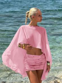 Sweetina 女士宽松度假休闲披肩衬衫，多种穿法 - 垂坠领口、露背、系带 - 粉色 - 查看 8