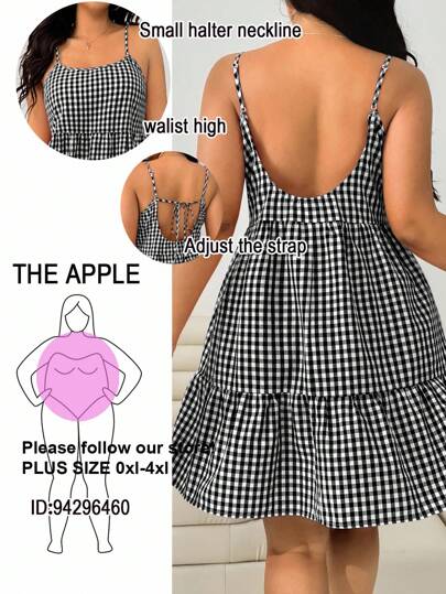 Solflare 大码女式黑白格子荷叶边下摆休闲吊带连衣裙