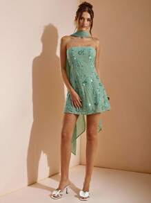 SHEIN BAE 女士串珠刺绣露肩 A 字迷你连衣裙，夏季 - 綠色 - 查看 3
