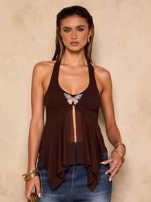 SHEIN BAE 夏季性感蝴蝶结装饰露背吊带上衣，度假装扮女装可爱上衣，短款上衣女装，Y2K服装 - 棕色 - 查看 9