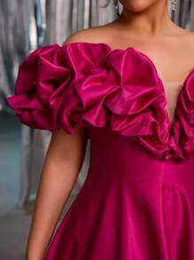Glamrae 大码优雅浪漫紫红色露肩泡泡袖夸张设计婚纱，高开衩，A 字廓形，适合婚礼、派对、毕业典礼、正式晚礼服 - 玫紅色 - 查看 4